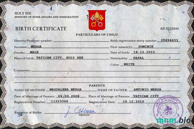 Holy See rekord życiowy narodziny certyfikat PSD szablon